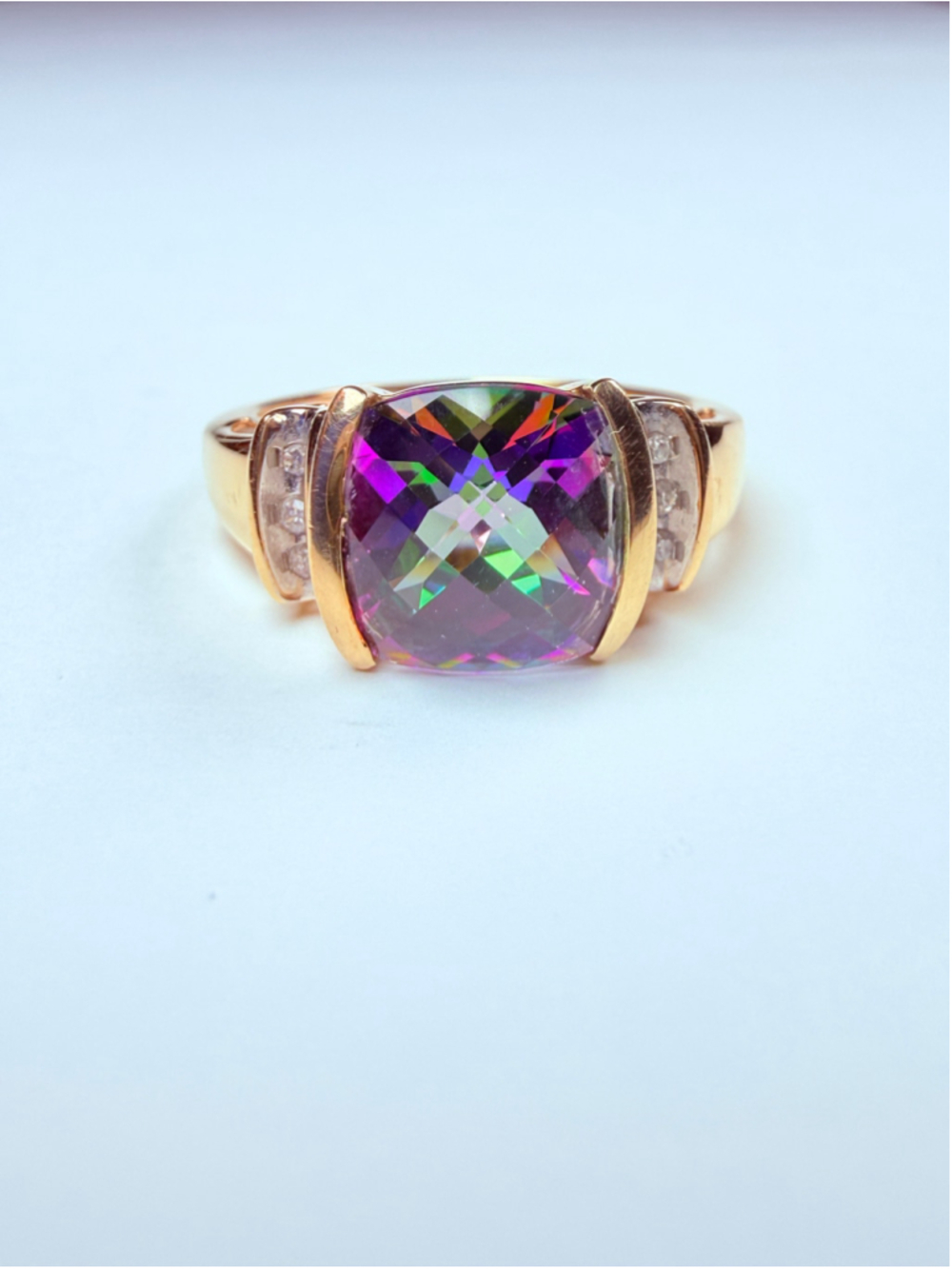 10K Solid Yellow Gold Diamond & Mystic Fire Topaz Imperial Albion Vintage Ring